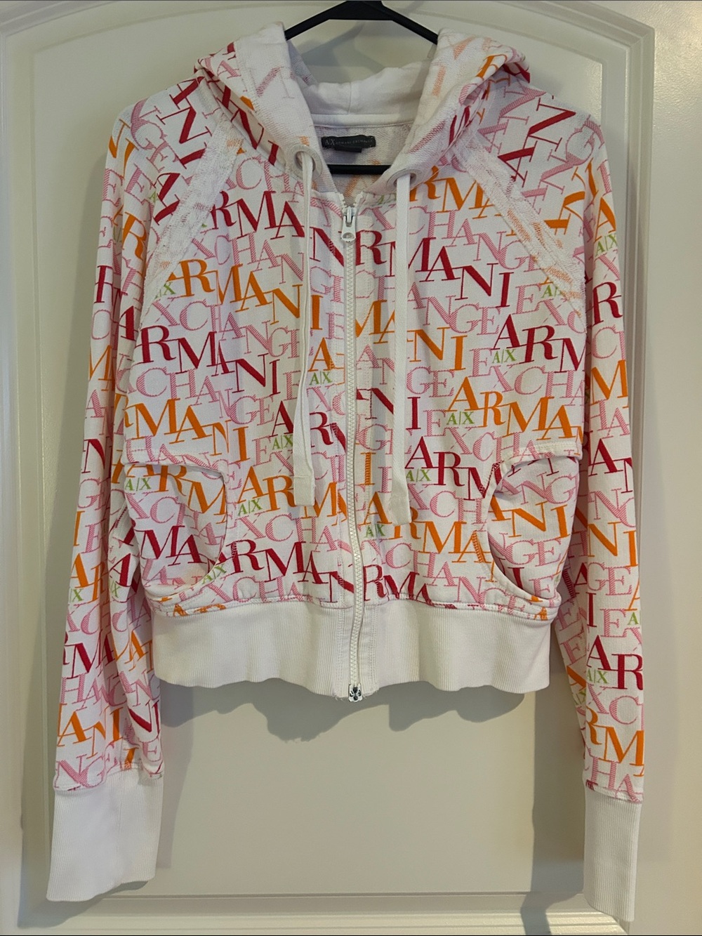 Armani Exchange White Zip Hoodie with Multicolor Logo Pattern
